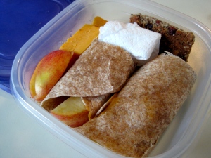 Apple+peanut butter wrap with cheese (I added a homemade granola bar for a snack)