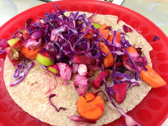 Red Cabbage Salad in a whole wheat tortilla for lunch.